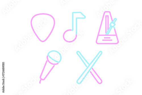 Neon outline music icons set with guitar pick, musical note, metronome, microphone, and drumsticks