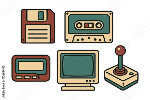 Classic retro technology devices and vintage computer peripherals with old school gaming equipment