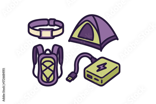 Essential camping and outdoor adventure gear set featuring a headlamp, tent, backpack, and portable power bank for wilderness exploration