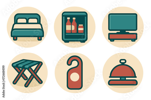 Hotel service icons set with bed, mini-bar, television, luggage rack, door hanger, service bell