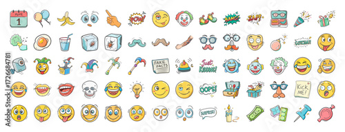 Funny April Fools Day icons collection set - Large set of playful April Fools Day icons featuring emojis, pranks, disguises, jokes, props, and humorous decorations for fun designs.