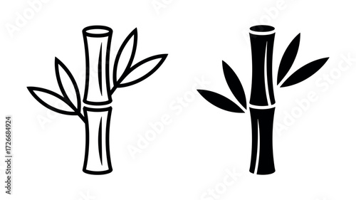 Two Bamboo Stalks Outline and Silhouette on White Background