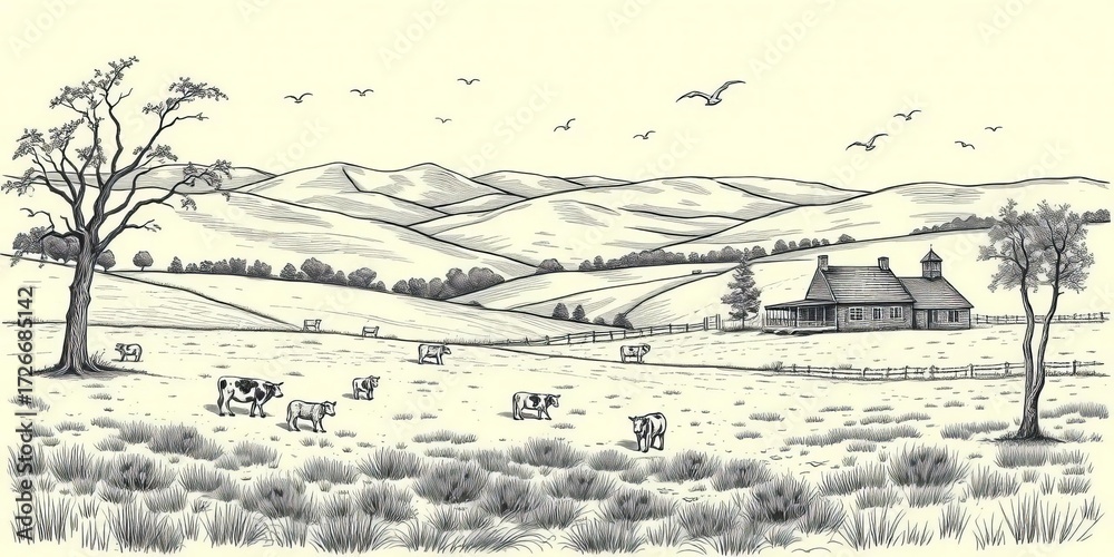 Naklejka premium Hand-drawn engraved sketch of idyllic rural meadow scene with grazing cows, goats, lambs, rolling hills, and farmhouse; vintage rustic style, graphic design, banner