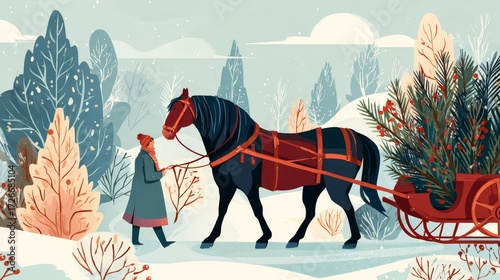illustration of horse carries Christmas tree on sleigh, winter festive day