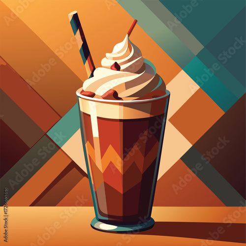 A glass of milkshake with whipped cream and a striped straw