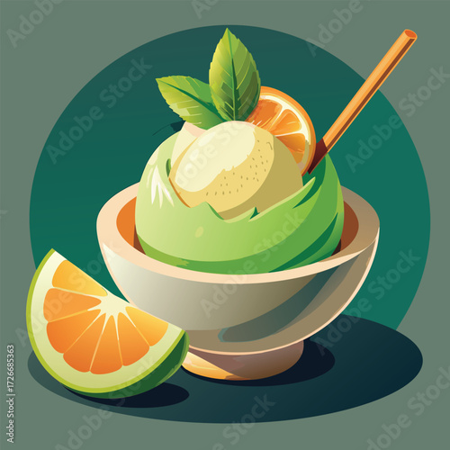 A creamy yellow ice cream dessert topped with orange slices and mint leaves in a white bowl
