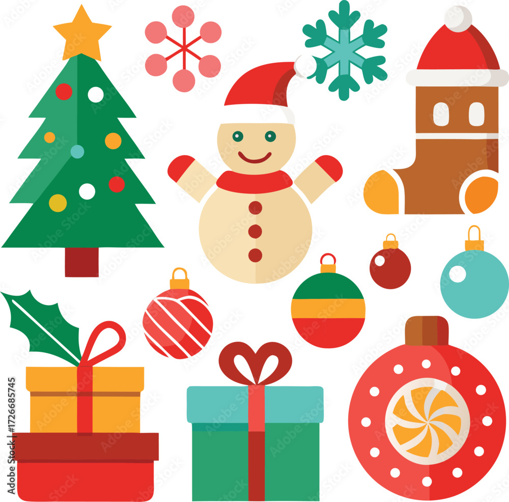 Fototapeta premium Vector art of collection of flat design christmas icons including a christmas tree, snowman, gingerbread man, snowflakes, ornaments, and gift boxes