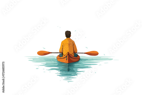Back View of Man Paddling Toward Horizon competition isolated