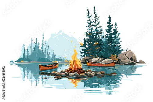 Campfire by Lakeside with Kayaks in Background canoeing isolated