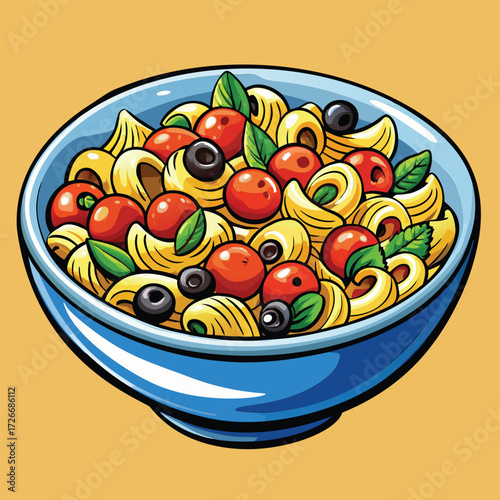 A bowl of pasta salad with tomatoes. olives. and basil.