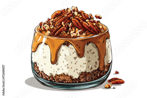 Chia Pudding Topped with Nuts and Nut Butter Drizzle meal isolated