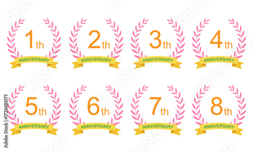 アニバーサリー周年記念ローレルリース 黄リボン付きベクター素材（1周年, 2周年, 3周年, 4周年, 5周年, 6周年, 7周年, 8周年）