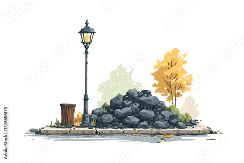 Construction Debris Blocking Sidewalk in City architecture isolated