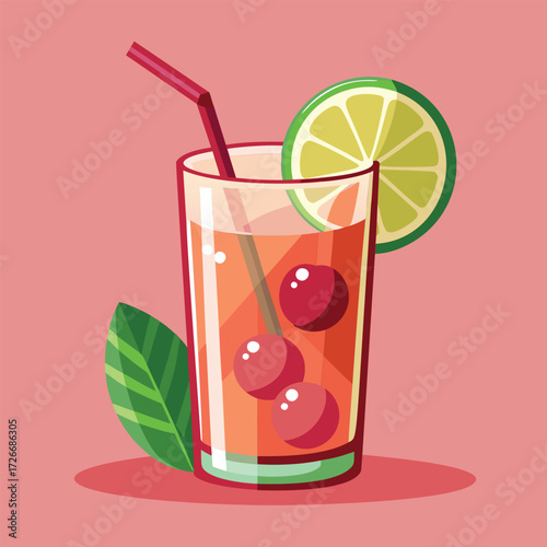 A refreshing drink with cherries and lime.