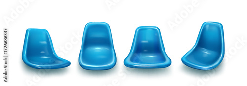 Stadium seat chair set with blue plastic design for sport arena and outdoor event. Four angles showcase modern molded construction with smooth curved surface. Comfortable seating solution for venues.