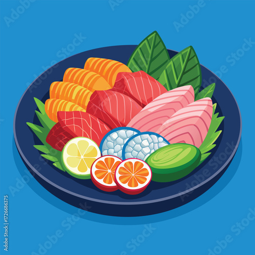 Colorful plate of sashimi with various types of fish and fruit
