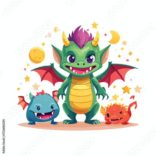 Cute Dragon Cartoon Family with Magical Stars and Moon