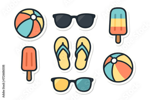 Collection of colorful summer beach vacation essentials including sunglasses, flip flops, beach balls, and popsicles