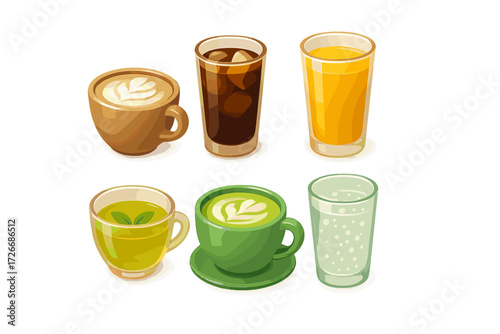 Collection of various popular drinks like coffee, green tea, orange juice, and sparkling water in different cups and glasses