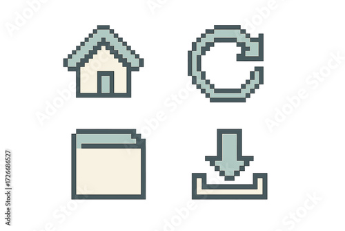 Retro pixel art style user interface icons set featuring home, refresh, folder, and download symbols for digital design projects