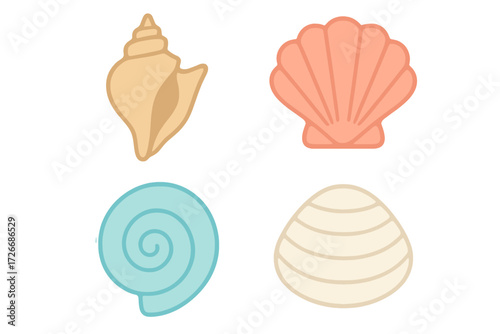 Assortment of stylized marine mollusk shells in various shapes and pastel colors for summer-themed projects