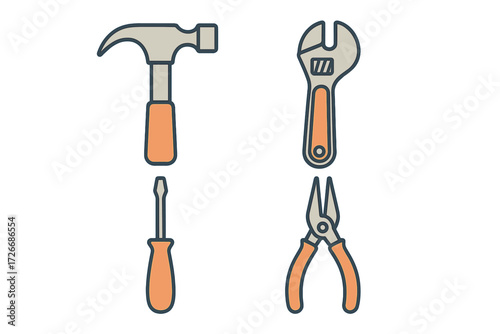 Essential hand tools set including hammer, wrench, screwdriver, and pliers for construction and repair work