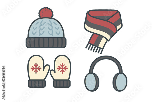 Winter clothing accessories set with knitted hat, striped scarf, snowflake mittens, and earmuffs for cold weather