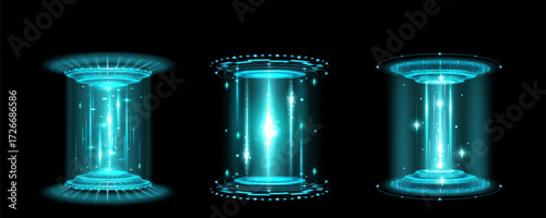 Futuristic time portals set isolated on black background. Vector realistic illustration of round holographic podiums with light beam inside, smart cyber security technology, neon AI lab platform