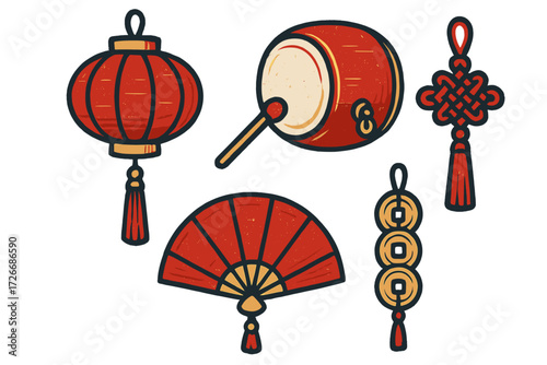 Traditional Chinese New Year cultural symbols and festive decorations including a lantern, drum, fan, knot, and lucky coins