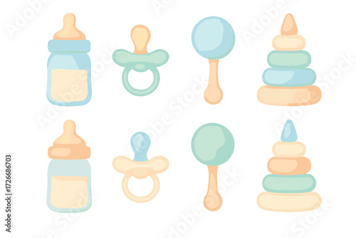 Collection of newborn baby essentials including bottles, pacifiers, rattles, and stacking toys in soft pastel colors