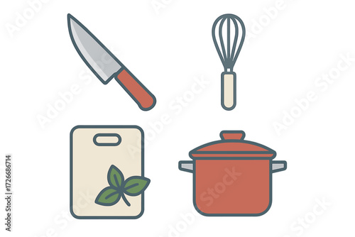 Collection of essential kitchenware items including a knife, whisk, cutting board with basil, and a cooking pot
