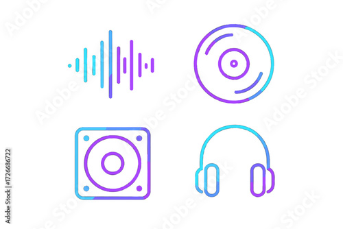 Modern gradient line art icons depicting essential audio and music elements including sound waves, vinyl records, speakers, and headphones