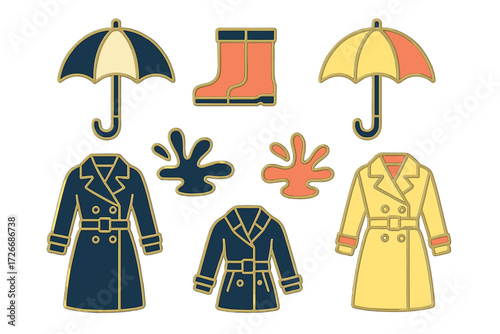Stylish autumn rain gear collection with umbrellas, rubber boots, and classic trench coats