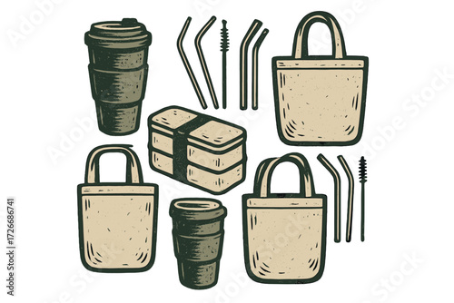 Eco-friendly reusable items for sustainable living: coffee cups, tote bags, metal straws, bento box