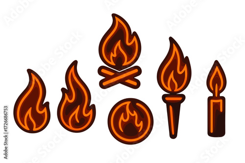 Vibrant glowing fire icons showing different flame types, a campfire, a torch, and a burning candle