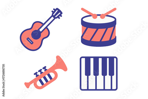 Classic musical instruments collection with guitar, drum, trumpet, and piano keyboard in modern flat design