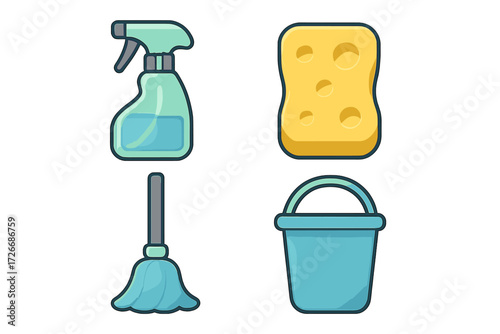 Household cleaning tools and supplies set featuring a spray bottle, sponge, mop, and bucket for domestic tasks