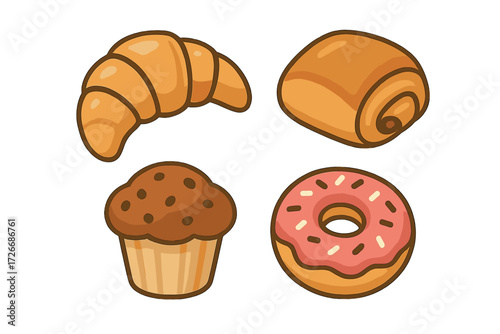 Delicious assortment of sweet baked goods and breakfast pastries including croissant, muffin, pain au chocolat, and donut
