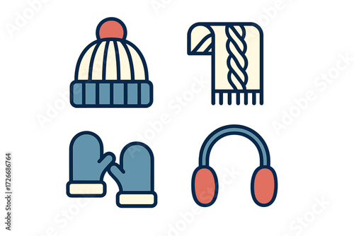 Essential winter season clothing accessories: knitted hat, warm scarf, cozy mittens, comfortable earmuffs