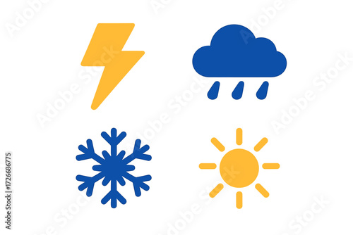 Collection of essential weather forecast symbols including sun, rain, lightning, and snowflake for meteorological applications