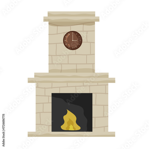 Cozy fireplace with clock and stone design in a warm living space