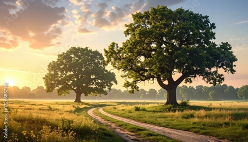Sunrise meadow, winding path, two large trees