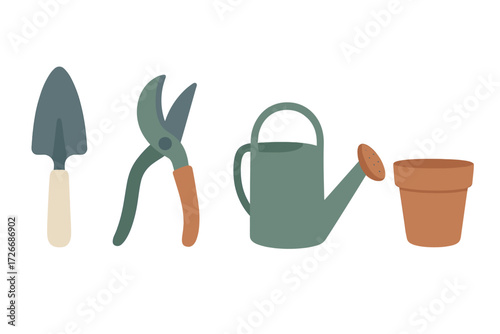 Essential gardening tools and equipment including a shovel, pruning shears, watering can, and terracotta pot