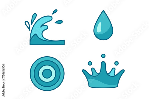 Blue water icons set with breaking wave, single droplet, concentric ripples, and dynamic splash crown
