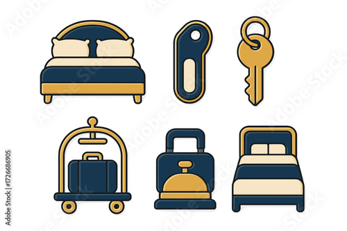 Collection of hotel and travel related icons including beds, key, key card, luggage cart, and reception bell