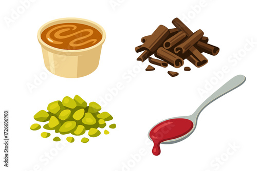 Assortment of sweet dessert ingredients including rich caramel sauce, dark chocolate shavings, green pistachios, and vibrant berry syrup