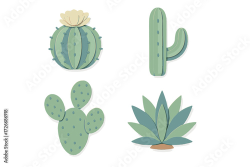 Assortment of decorative succulent plants and cacti with layered paper effect on white background