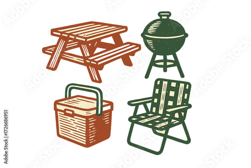 Collection of outdoor picnic and barbecue essentials including a wooden table, charcoal grill, insulated cooler, and comfortable folding chair