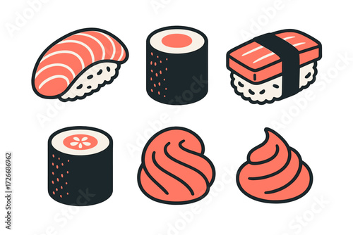 Delicious fresh assortment of traditional Japanese sushi rolls and nigiri with pickled ginger and wasabi paste