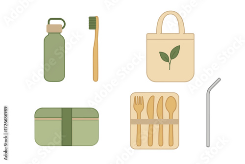 Eco-friendly reusable items for sustainable living and zero waste lifestyle including water bottle, bamboo toothbrush, tote bag, and cutlery set